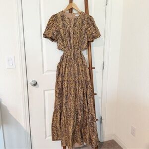 WAYF Plaza Cutout Tiered Boho Leopard Print Puff Sleeve Maxi Dress Brown Small